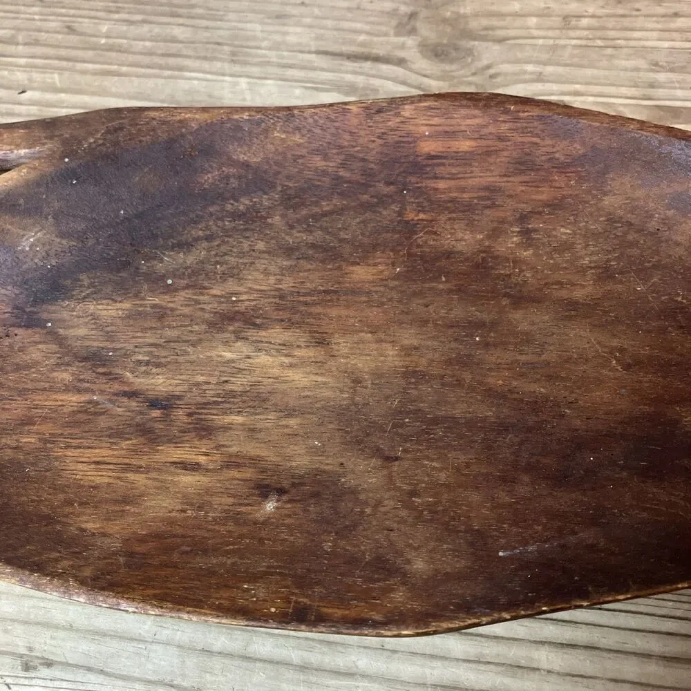 VTG Rustic Wooden Leaf Shape Tray Bowl Trinket Dish 15” Hand Carved Primitive